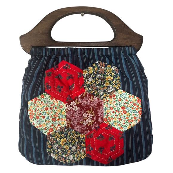 Vintage Handmade Quoted Granny Square Wood Handle Handbag - Picture 1 of 8